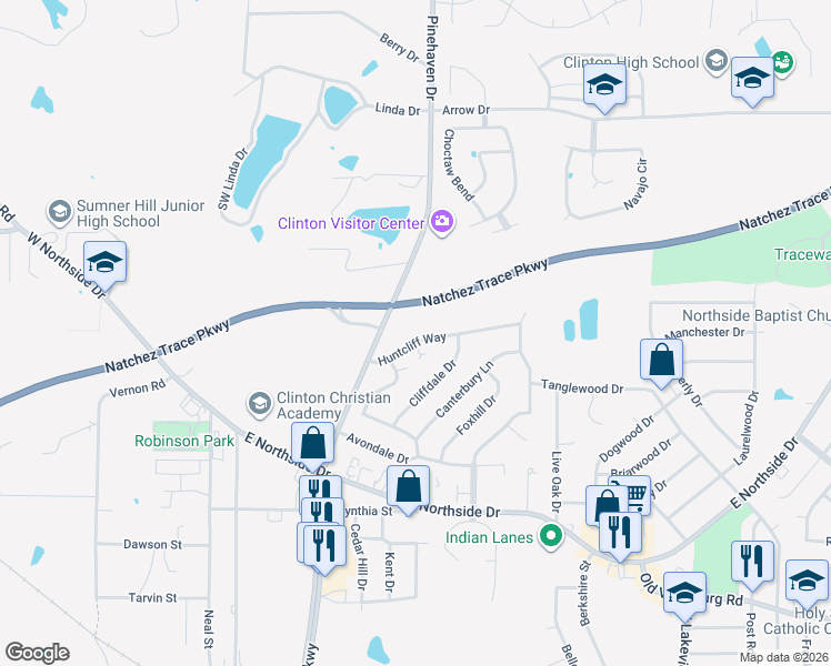 map of restaurants, bars, coffee shops, grocery stores, and more near 1600 Huntcliff Way in Clinton