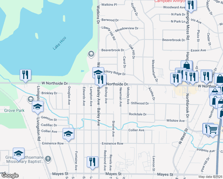 map of restaurants, bars, coffee shops, grocery stores, and more near 3834 Brame Avenue in Jackson