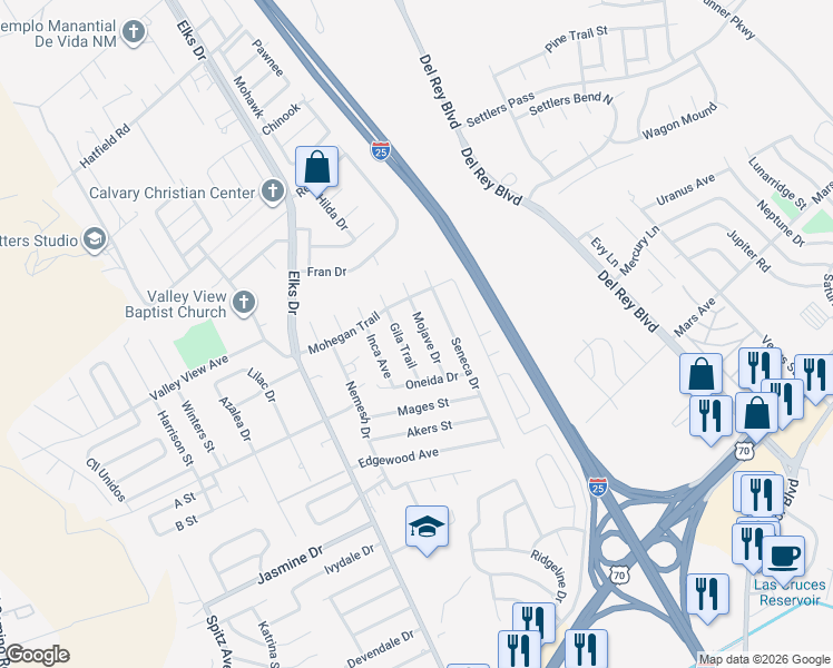 map of restaurants, bars, coffee shops, grocery stores, and more near 4123 Mojave Drive in Las Cruces