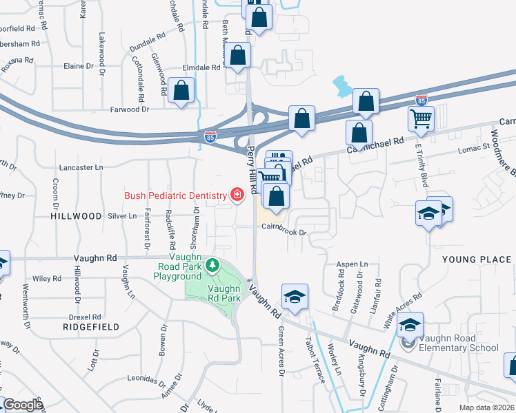 map of restaurants, bars, coffee shops, grocery stores, and more near 1728 Perry Hill Road in Montgomery