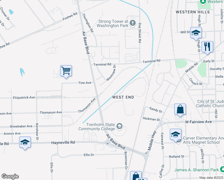 map of restaurants, bars, coffee shops, grocery stores, and more near 1111 Air Base Boulevard in Montgomery