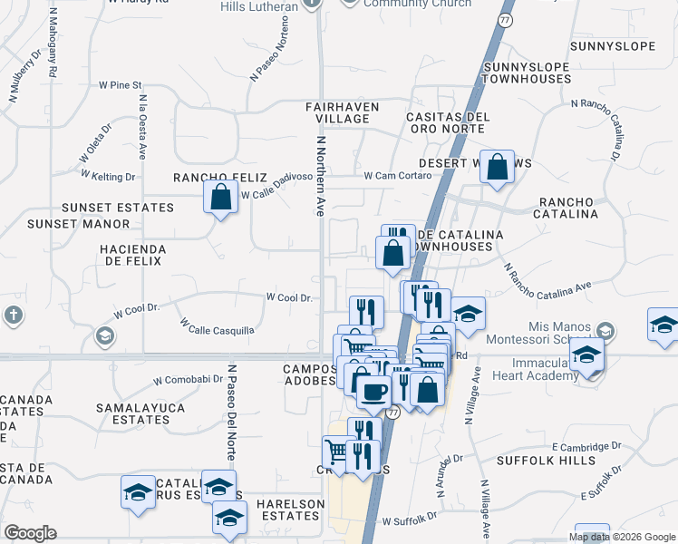 map of restaurants, bars, coffee shops, grocery stores, and more near 8156 North Peppersauce Drive in Oro Valley