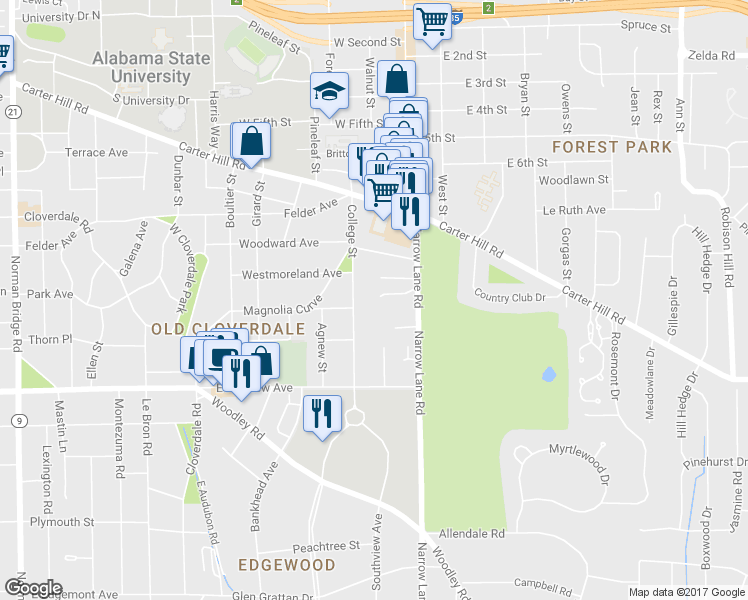 map of restaurants, bars, coffee shops, grocery stores, and more near 1406 Midlane Court in Montgomery