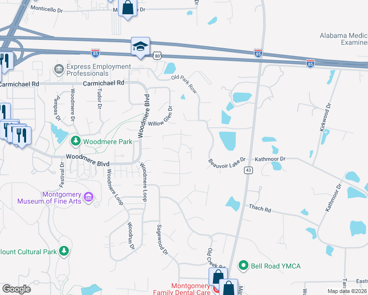 map of restaurants, bars, coffee shops, grocery stores, and more near 6316 Old Pond Road in Montgomery