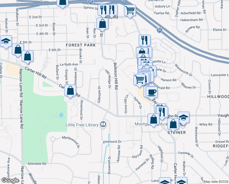 map of restaurants, bars, coffee shops, grocery stores, and more near 1844 Robison Hill Road in Montgomery
