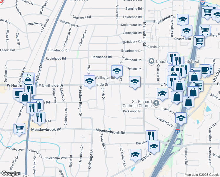 map of restaurants, bars, coffee shops, grocery stores, and more near 4515 Parisian Drive in Jackson