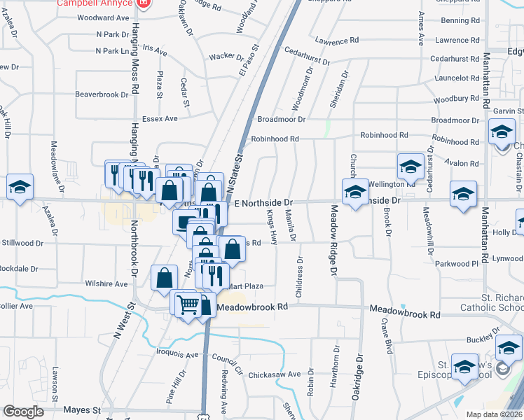 map of restaurants, bars, coffee shops, grocery stores, and more near 314 Melbourne Road in Jackson