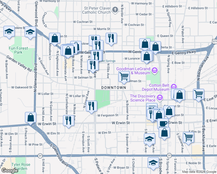 map of restaurants, bars, coffee shops, grocery stores, and more near 713 West Oakwood Street in Tyler