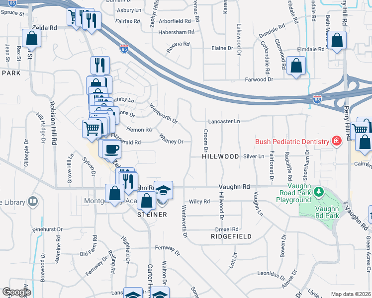 map of restaurants, bars, coffee shops, grocery stores, and more near 1754 Wentworth Drive in Montgomery