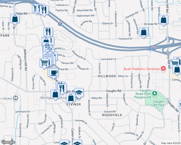 map of restaurants, bars, coffee shops, grocery stores, and more near 1754 Wentworth Drive in Montgomery