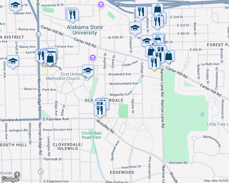 map of restaurants, bars, coffee shops, grocery stores, and more near 1211 Magnolia Curve in Montgomery