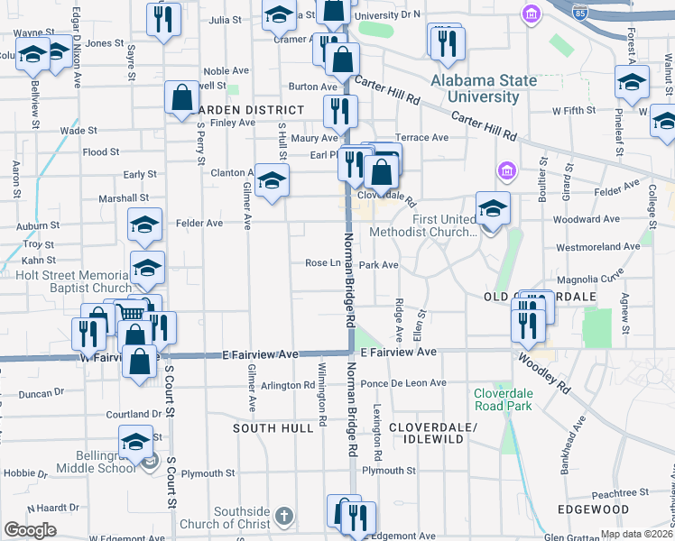 map of restaurants, bars, coffee shops, grocery stores, and more near 358 Rose Lane in Montgomery