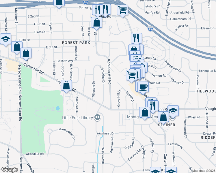 map of restaurants, bars, coffee shops, grocery stores, and more near 1844 Robison Hill Road in Montgomery