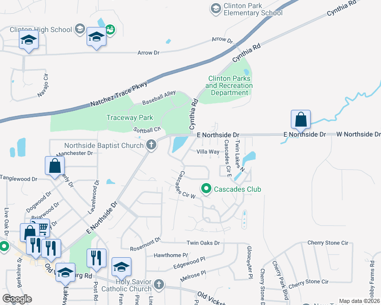 map of restaurants, bars, coffee shops, grocery stores, and more near 104 Waterfall Way in Clinton