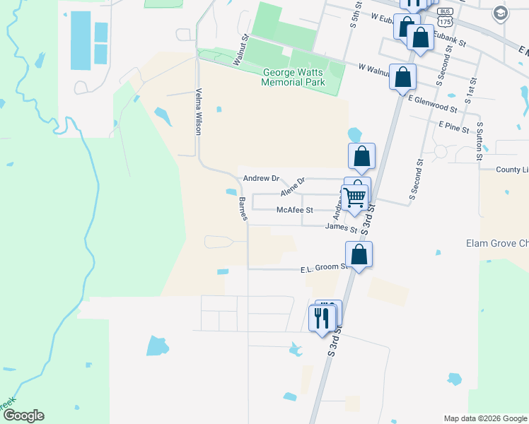 map of restaurants, bars, coffee shops, grocery stores, and more near 313 McAfee Street in Mabank