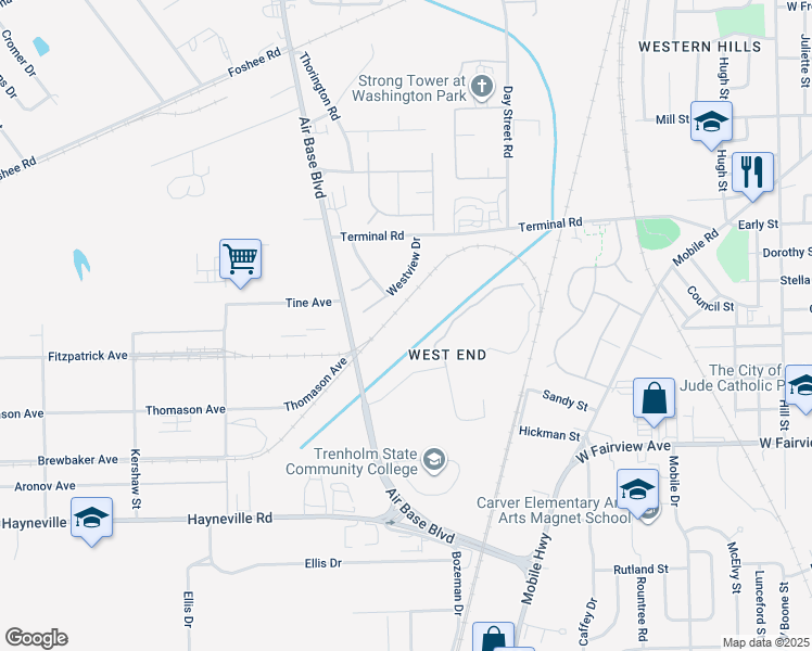 map of restaurants, bars, coffee shops, grocery stores, and more near 1111 Air Base Boulevard in Montgomery