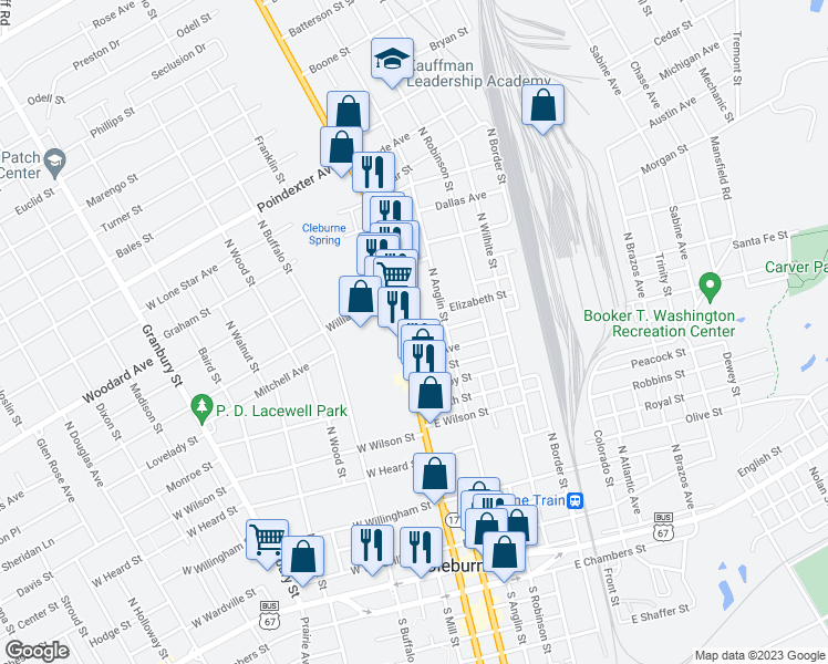 map of restaurants, bars, coffee shops, grocery stores, and more near 712 North Main Street in Cleburne