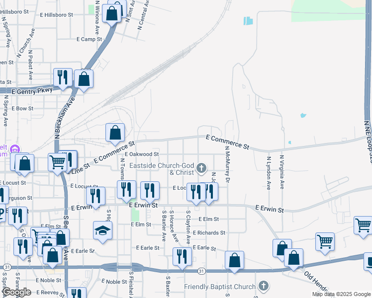 map of restaurants, bars, coffee shops, grocery stores, and more near 1320-1324 East Oakwood Street in Tyler