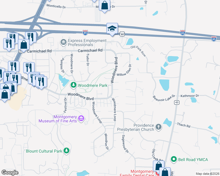 map of restaurants, bars, coffee shops, grocery stores, and more near 1517 Westminster Drive in Montgomery