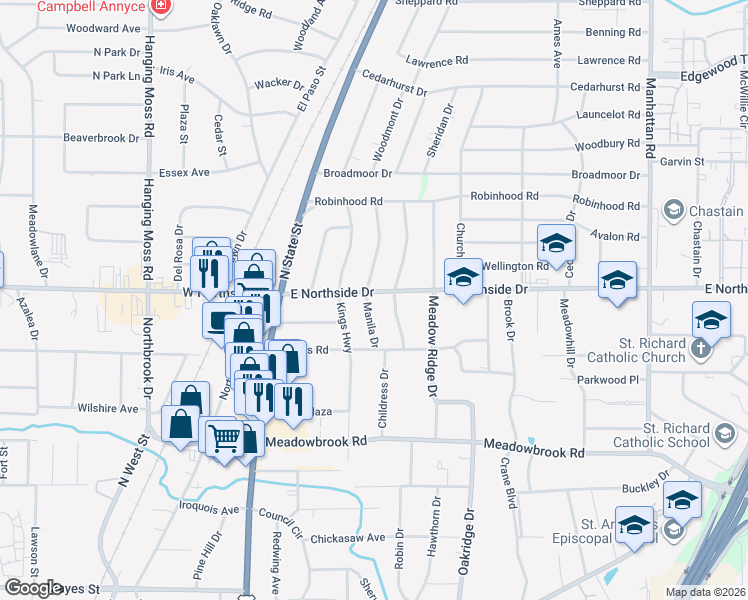 map of restaurants, bars, coffee shops, grocery stores, and more near 4549 Normandy Drive in Jackson