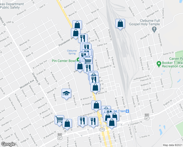 map of restaurants, bars, coffee shops, grocery stores, and more near 709n North Main Street in Cleburne