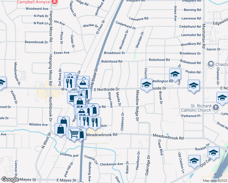 map of restaurants, bars, coffee shops, grocery stores, and more near 319 East Northside Drive in Jackson