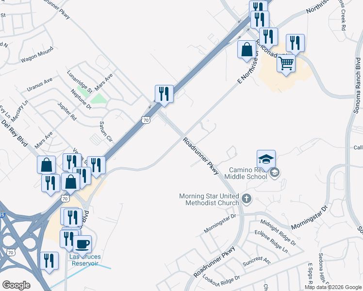 map of restaurants, bars, coffee shops, grocery stores, and more near 2750 East Northrise Drive in Las Cruces