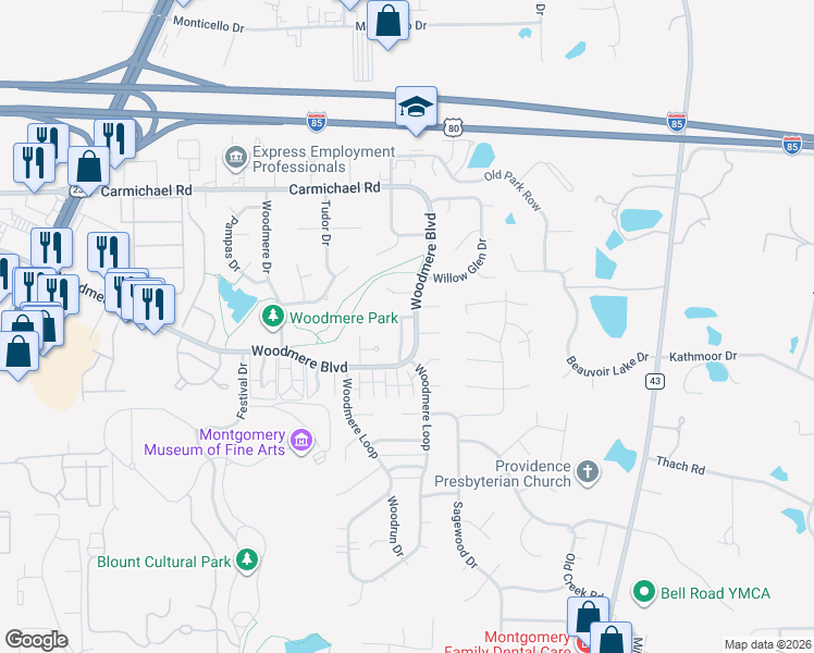 map of restaurants, bars, coffee shops, grocery stores, and more near 1517 Westminster Drive in Montgomery