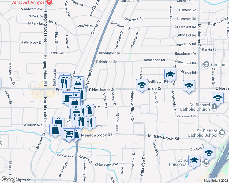 map of restaurants, bars, coffee shops, grocery stores, and more near 4549 Normandy Drive in Jackson
