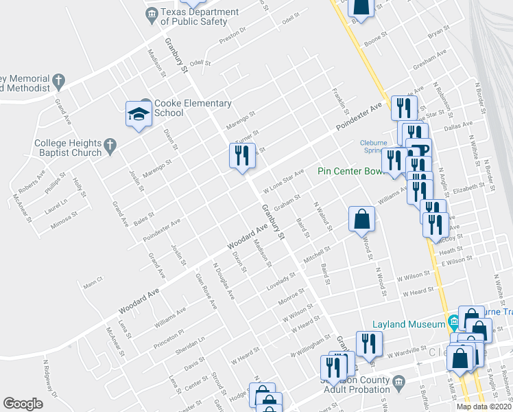 map of restaurants, bars, coffee shops, grocery stores, and more near 1011 Granbury Street in Cleburne