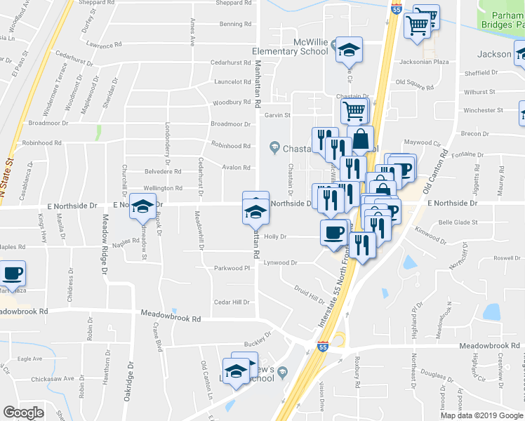 map of restaurants, bars, coffee shops, grocery stores, and more near 807 East Northside Drive in Jackson