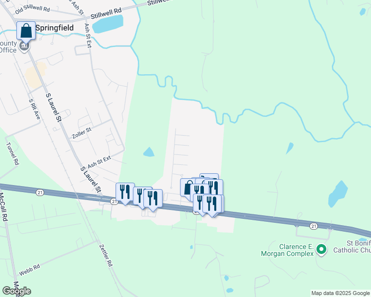 map of restaurants, bars, coffee shops, grocery stores, and more near 1273 Highway 21 in Springfield