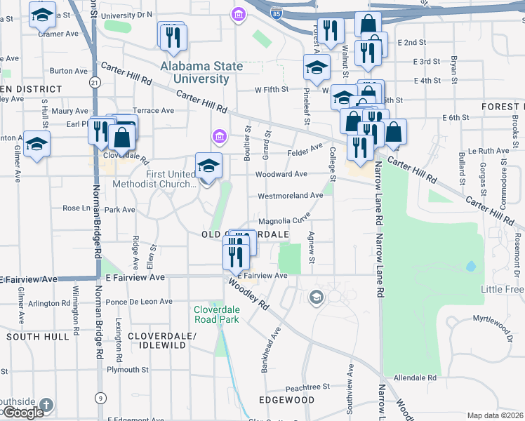 map of restaurants, bars, coffee shops, grocery stores, and more near 1211 Magnolia Curve in Montgomery