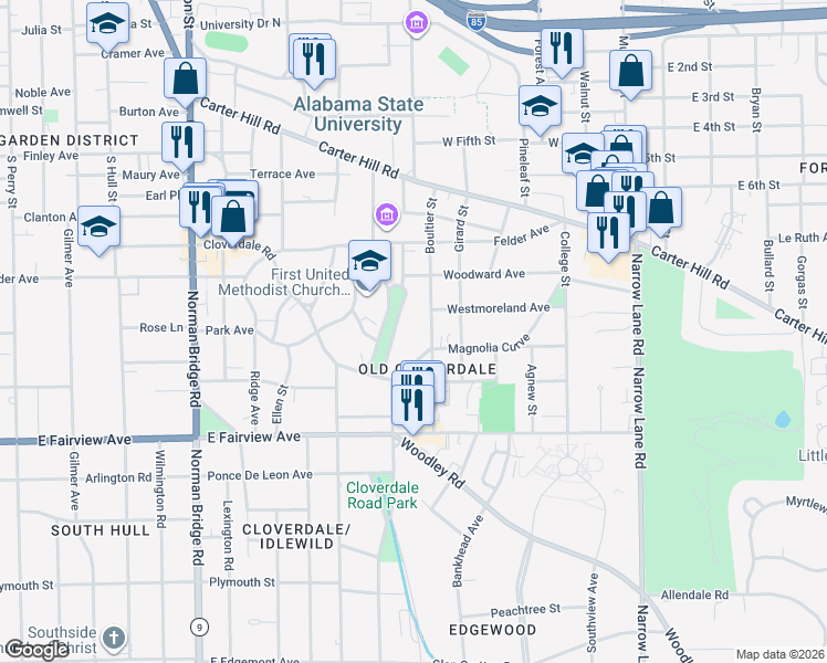 map of restaurants, bars, coffee shops, grocery stores, and more near 2465 East Cloverdale Park in Montgomery