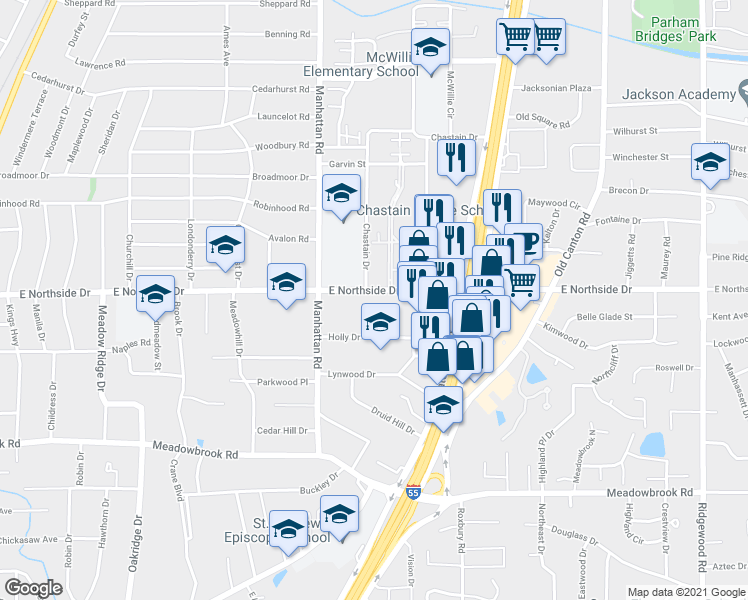 map of restaurants, bars, coffee shops, grocery stores, and more near 4555 Holly Drive in Jackson