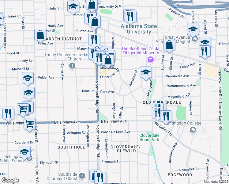 map of restaurants, bars, coffee shops, grocery stores, and more near 601 Park Avenue in Montgomery