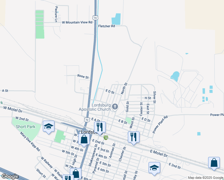 map of restaurants, bars, coffee shops, grocery stores, and more near 401 East D Street in Lordsburg