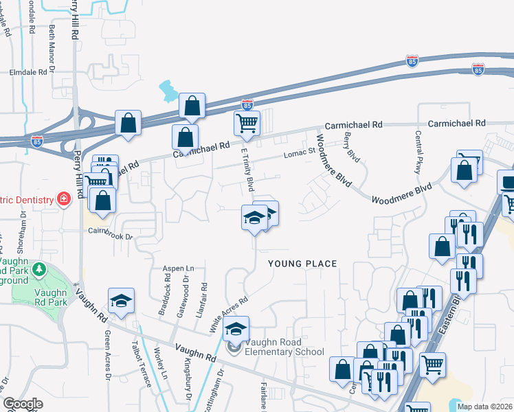 map of restaurants, bars, coffee shops, grocery stores, and more near 4140 Denton Drive in Montgomery