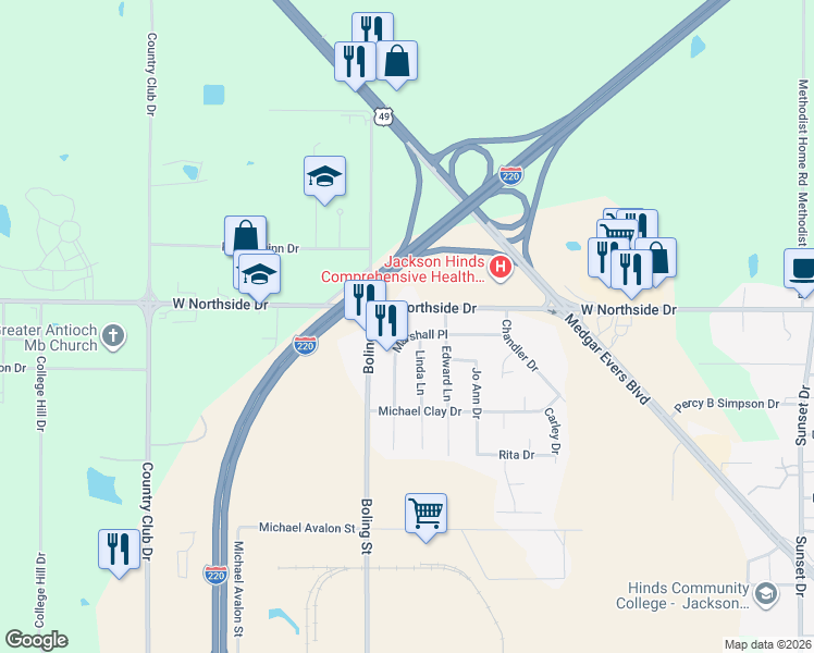map of restaurants, bars, coffee shops, grocery stores, and more near 1950 Marshall Place in Jackson