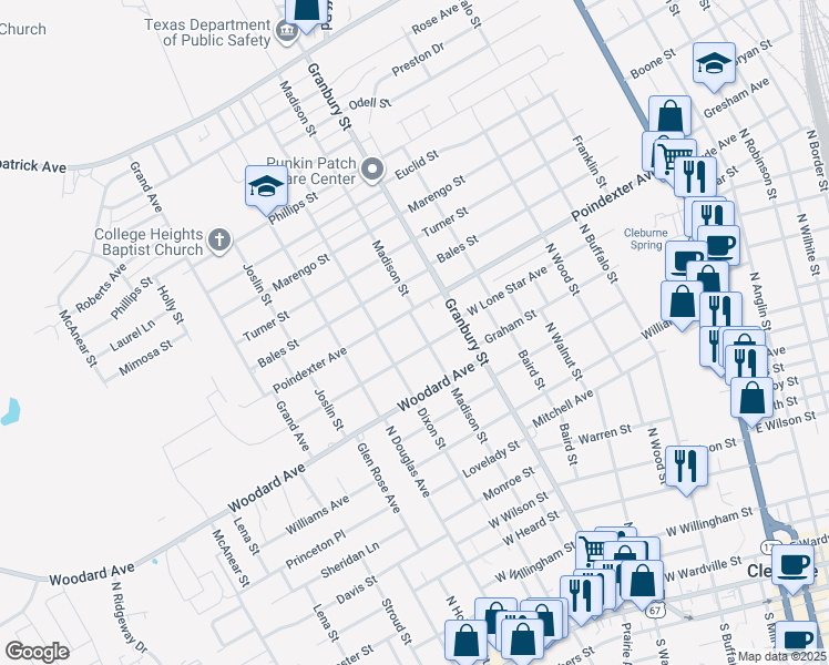 map of restaurants, bars, coffee shops, grocery stores, and more near 705 Madison Street in Cleburne