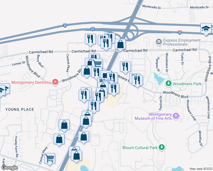 map of restaurants, bars, coffee shops, grocery stores, and more near 1601 Eastern Boulevard in Montgomery