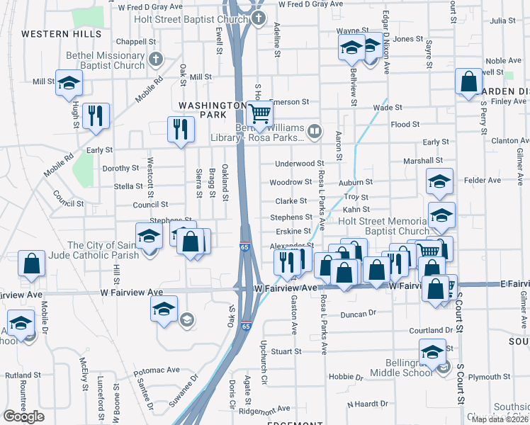 map of restaurants, bars, coffee shops, grocery stores, and more near 1604 South Holt Street in Montgomery