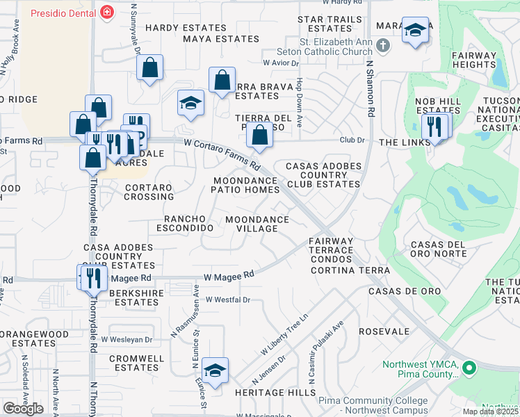 map of restaurants, bars, coffee shops, grocery stores, and more near 8206 North Wheatfield Drive in Tucson