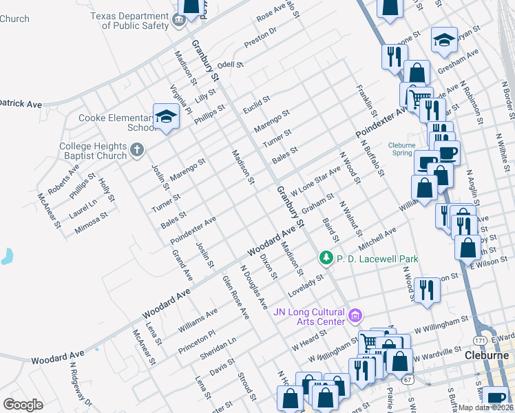 map of restaurants, bars, coffee shops, grocery stores, and more near 1004 West Lone Star Avenue in Cleburne
