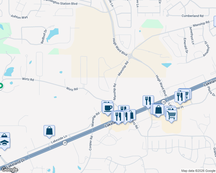 map of restaurants, bars, coffee shops, grocery stores, and more near 2151-2399 Manship Road in Flowood