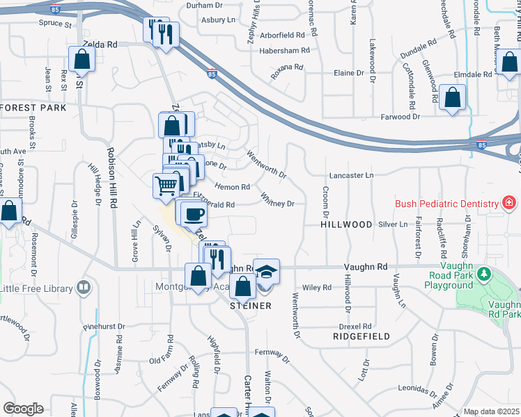 map of restaurants, bars, coffee shops, grocery stores, and more near 3156 Fitzgerald Road in Montgomery