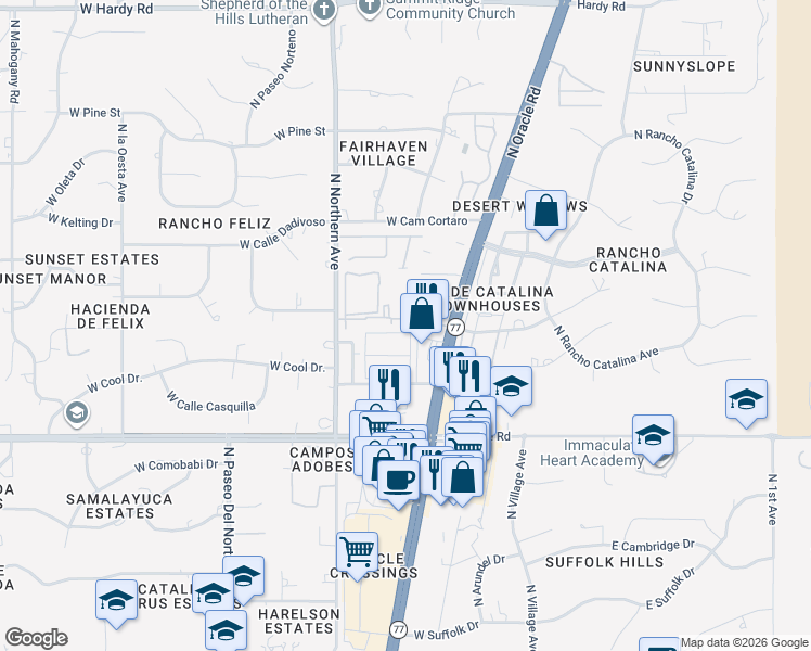 map of restaurants, bars, coffee shops, grocery stores, and more near 8215 North Oracle Road in Tucson