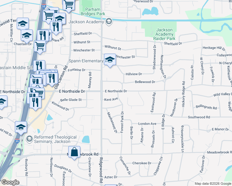 map of restaurants, bars, coffee shops, grocery stores, and more near 1649 East Northside Drive in Jackson