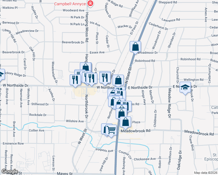 map of restaurants, bars, coffee shops, grocery stores, and more near 107-155 W Northside Dr in Jackson
