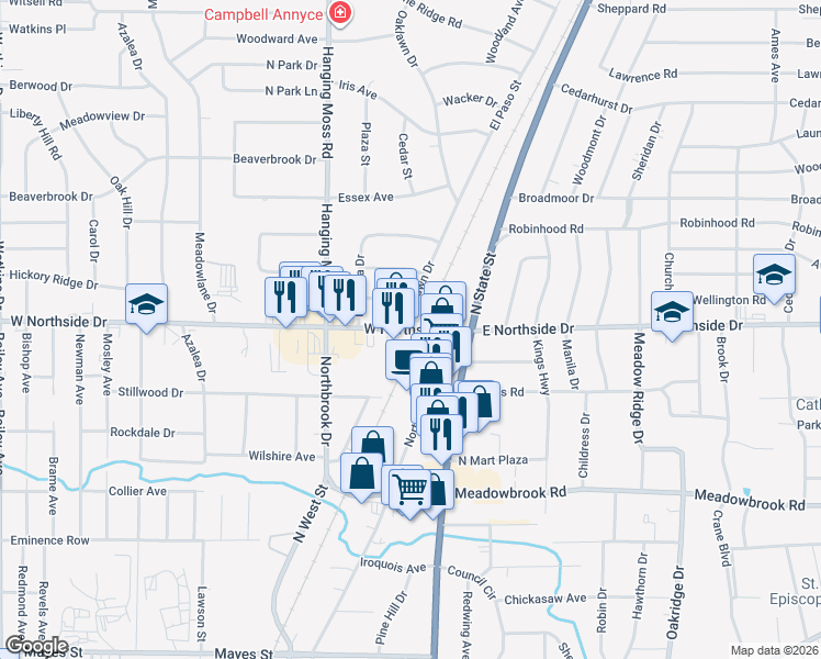 map of restaurants, bars, coffee shops, grocery stores, and more near 107 West Northside Drive in Jackson